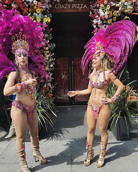Brazilian Carnival Dancers outside Crazy Pizza, Marylebone