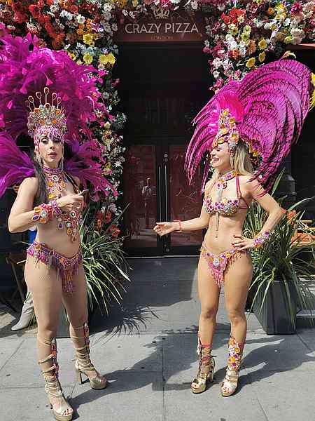 Brazilian Carnival Dancers outside Crazy Pizza, Marylebone